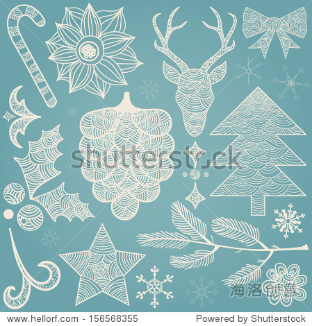 christmas hand drawn decorations icons: deer head, holly berry