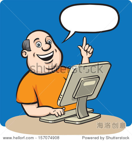 vector illustration of cartoon fat man with desktop computer.