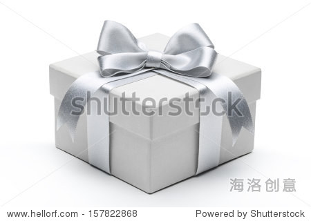 gift box with silver ribbon bow isolated on white