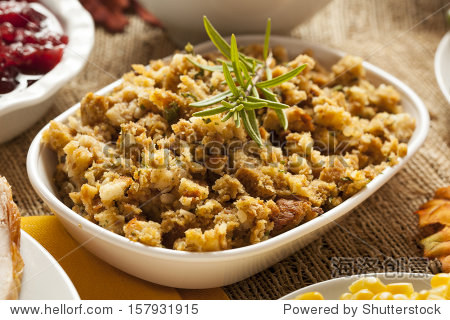 homemade thanksgiving stuffing made with bread and herbs