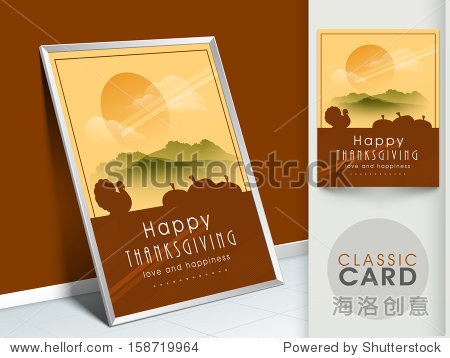 happy thanksgiving vintage greeting card with silhouette of