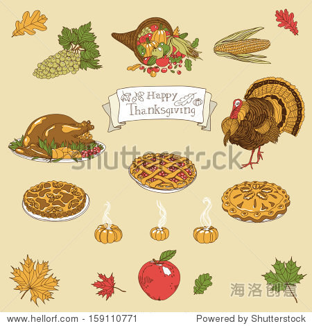 a colorful vintage vector illustration set of thanksgiving icons