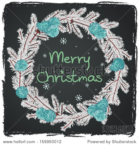 hand drawn round frame in shape of christmas wreath with fir