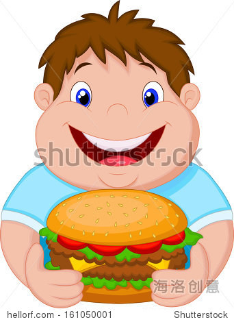 fat boy smiling and ready to eat a big hamburger