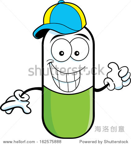 cartoon illustration of a pill capsule giving thumbs up and
