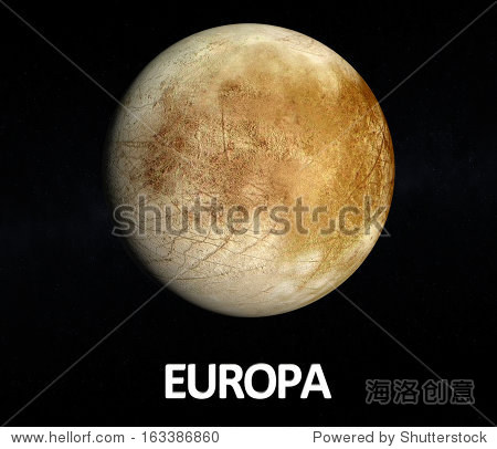 木星卫星欧罗巴的形象呈现在星空背景,英文字