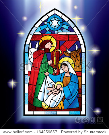 矢量图像的彩色玻璃窗描绘圣诞场景对恒星的发光蓝色背景