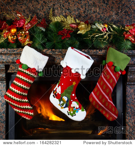 christmas stocking on fireplace background