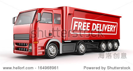 3d red truck with free delivery text - isolated