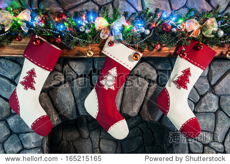 christmas stocking on fireplace background
