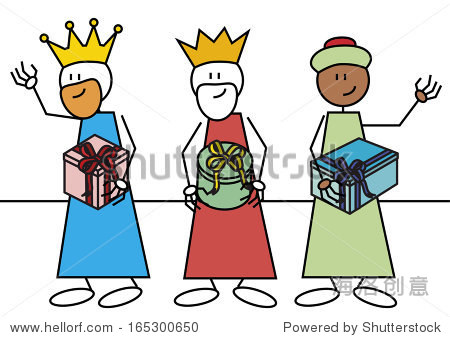 stick figures of the three wise men with gifts.
