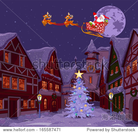 santa claus flying his sleigh over christmas town