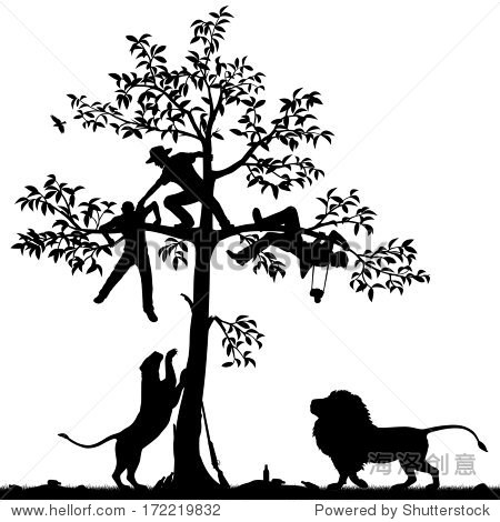 editable vector silhouette of three men chased into a tree by a