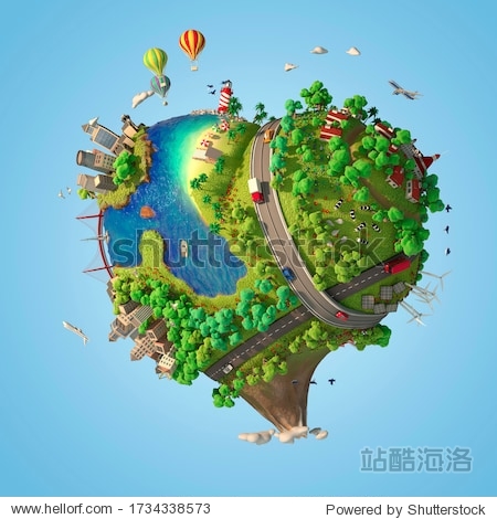 Heart shaped world showing a peaceful and sustainable lifestyle green planet with clean energy and happy mood in sunny day as concept for love and peace. 3d render