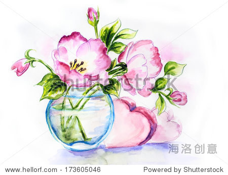 spring flowers in vase with hearts, watercolor