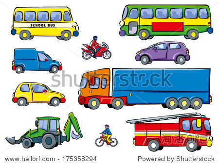 a set of various colorful cartoon vehicles: bus