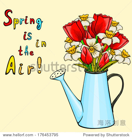 vector cartoon watering can with bunch of spring flowers