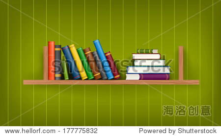 row and stack of colorful books on shelf vector illustration