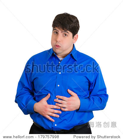 closeup portrait of really full man, stuffed holding belly