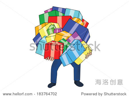 a man carries a lot of gifts. cartoon character.