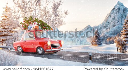 Santa claus in Cute little retro car with decorated christmas tree on top goes by wonderful countryside road. Unusual christmas 3d illustration