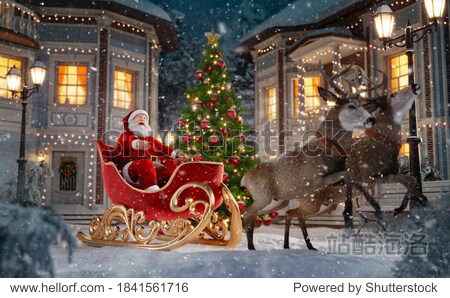 Happy Santa Claus in Christmas sleigh in a town. Unusual Christmas 3d illustration. Merry Christmas and a Happy new year concept