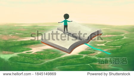Education imagination learning dream and freedom concept boy riding flying book. surreal painting. Fantasy art conceptual artwork happiness of child illustration