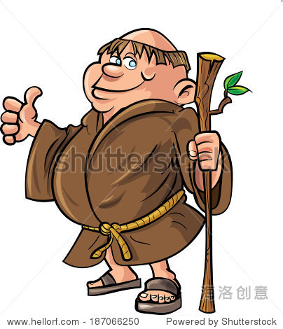 cartoon monk holding a stick. isolated on white