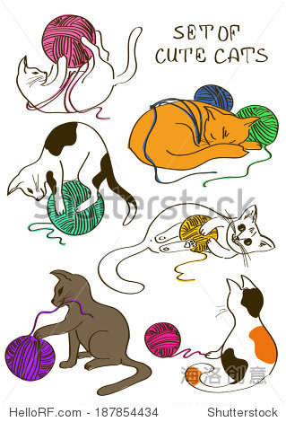 set of isolated doodle funny cats playing ball of yarn