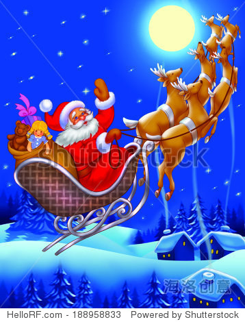 santa claus flying on the sledge with reindeer and gifts in the