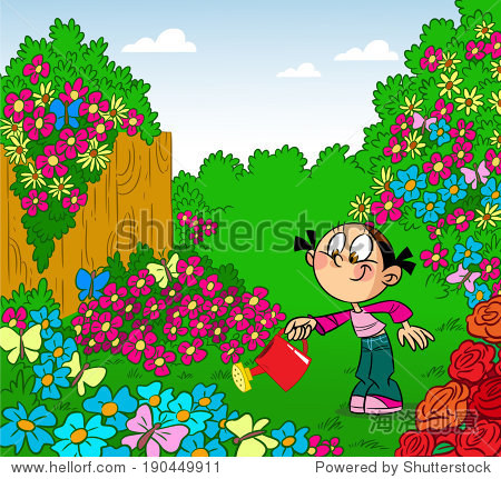 girl irrigates flowers in the garden watering can.