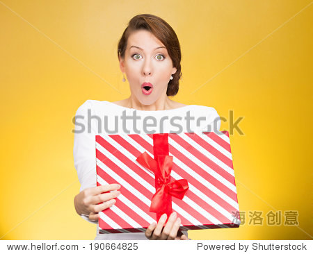 super excited surprised young woman received unexpected gift box