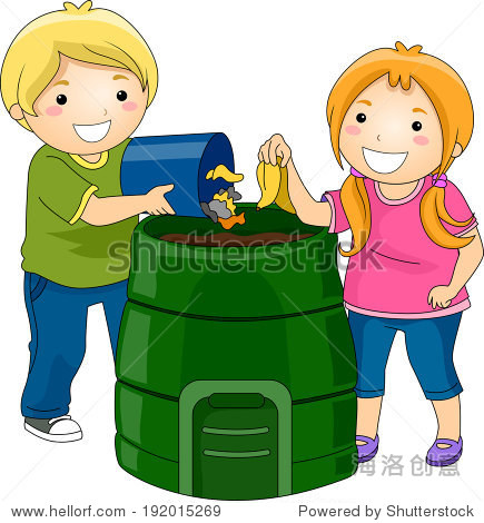 illustration of little kids dumping trash in a compost bin