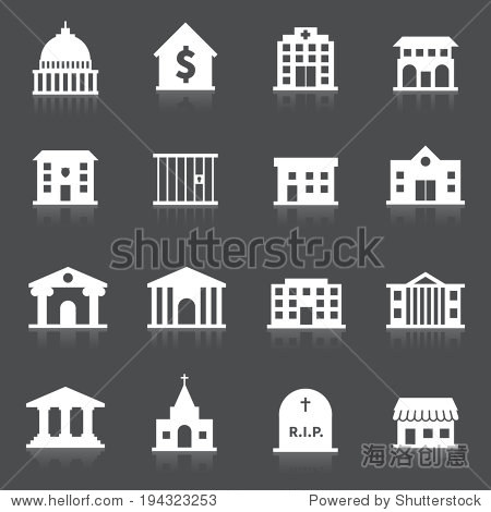 government building icons set of hospital fire station cemetery
