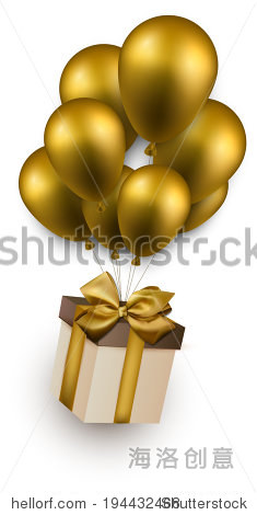 gift box with golden bow flying on balloons.