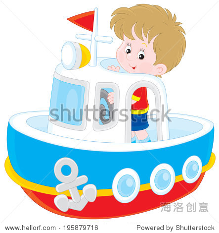 little boy playing on board of a big toy ship