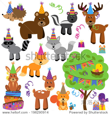 collection of birthday party themed forest or woodland animals