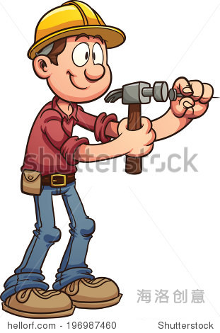 建筑工人敲钉子。使用简单的梯度向量剪贴画插