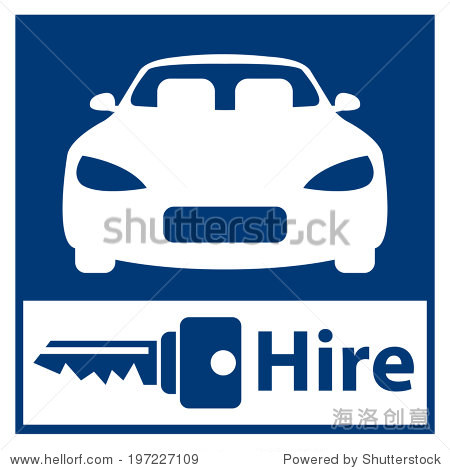 蓝色方块租车或汽车租赁服务图标,标签或标签