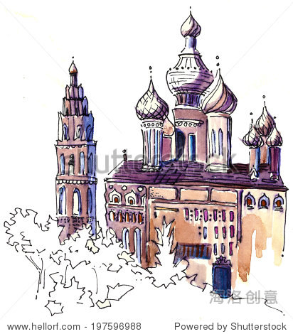 教堂在俄罗斯水彩画插图印刷海报 建筑物/地标,艺术 站酷海洛创意