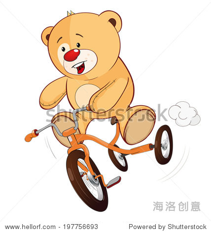 a stuffed toy bear cub and a children's tricycle cartoon