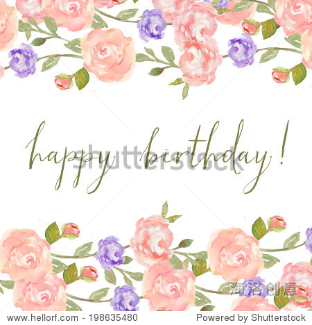 watercolor peony flower frame with happy birthday calligraphy