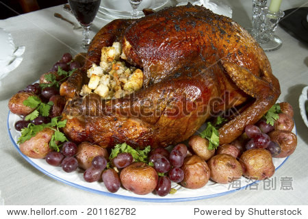 holiday turkey filled with stuffing on a platter