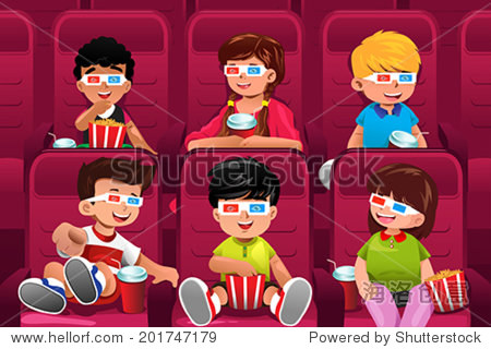 a vector illustration of happy kids going to a movie together