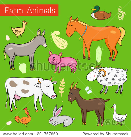 set of vector different colorful farm animals in