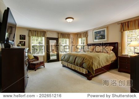cozy bedroom interior with carpet floor and   set