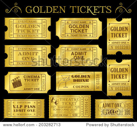 set of eleven golden vector tickets and coupons templates.
