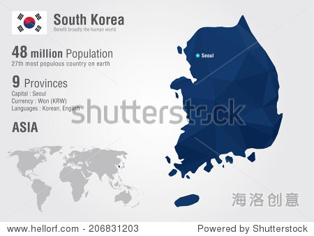韩国世界地图和一个像素钻石纹理。世界地理。