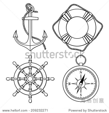 vector set with isolated anchor lifebuoy ship"s wheel compass.