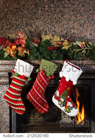 christmas stocking on fireplace background